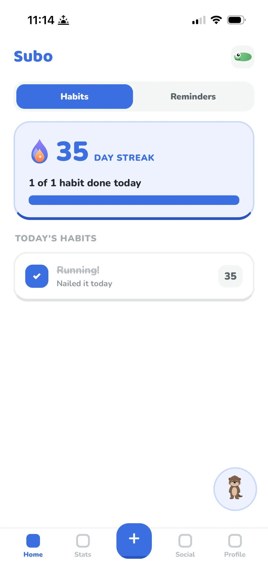 Subo home screen showing a 35-day streak and today's completed habit